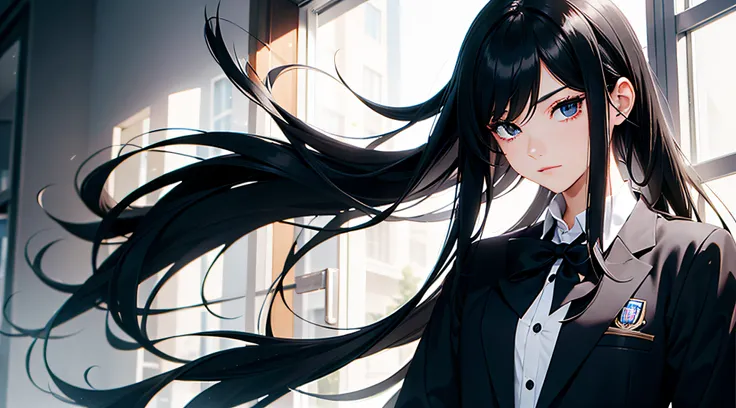 Transcendent beautiful girl with long black hair dressed as a man in a male school uniform