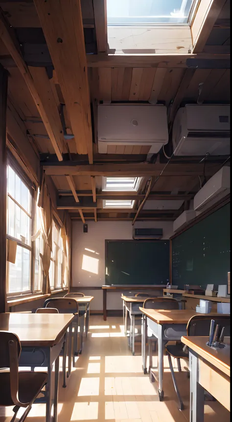 An immersive portrayal of a Japanese classroom illuminated by majestic lighting, captured in a photorealistic style. The lighting bathes the room in a soft, natural glow, highlighting the intricate details of the space. The scene is meticulously rendered i...