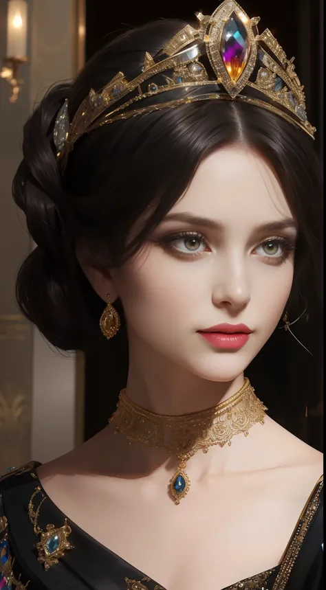 tmasterpiece，Highest image quality，Beautiful bust of a royal lady，Delicate black hairstyle，Amber eyes are clear，Embellished with a dazzling array of intricate jewelry，super detailing，upscaled。