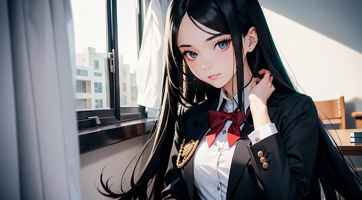 Transcendent beautiful girl with long black hair dressed as a man in a male school uniform