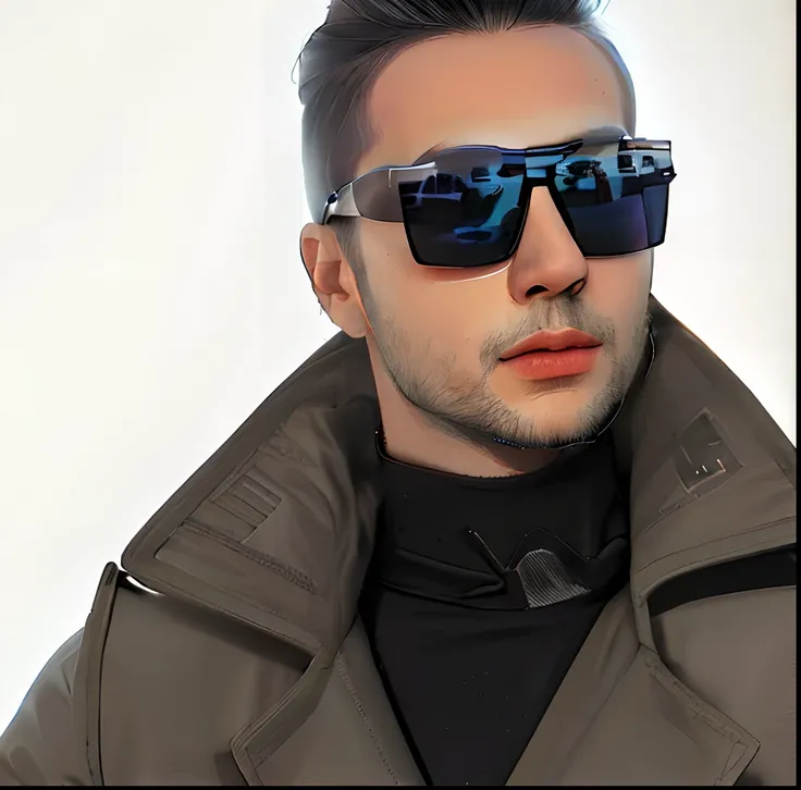 Arad man in coat and sunglasses standing in front of a white wall, Futuristic sunglasses, futurisitc sunglasses, designer sunglasses, technological sunglasses, shades, Shield sunglasses, with sunglass, Dark shades, Cyberpunk sunglasses, futuristic ar glass...