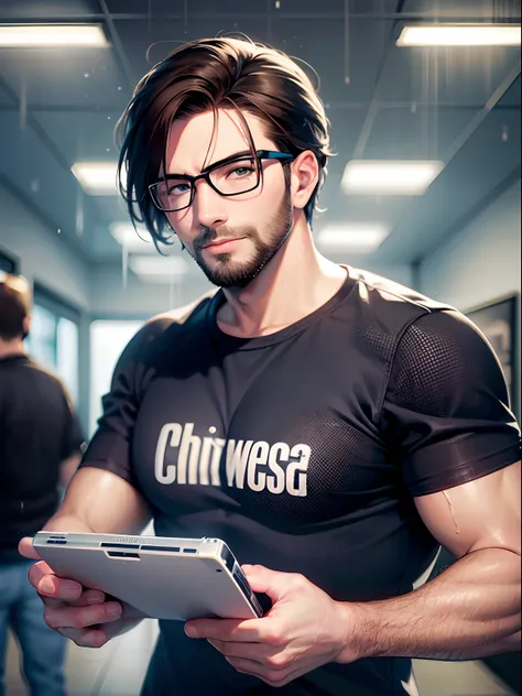 guys in their 30s, Brown hair, put on glasses, T-shirt, jeans, dark nifht, Heavy rain, lonely, the panorama, Ray tracing, reflective light, Chiaroscuro, Cinematic lighting, Glowing light, masutepiece, Best Quality, high details, hight resolution, ccurate, ...