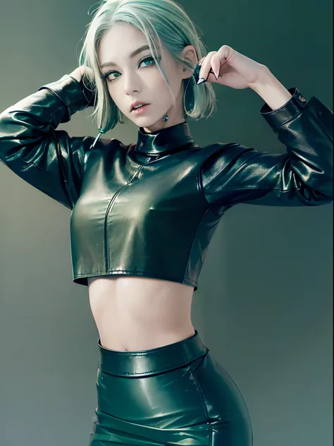 (((((Black leather))))), ((crop top, long sleeves, pencil skirt, goth)), Slightly happy, Short hair, (((white hair))), ((white hair with ((blue tips)))), blue dye, ((((((green eyes)))))), ((small breasts)), best quality, high-res, masterpiece, 8k, (((matur...