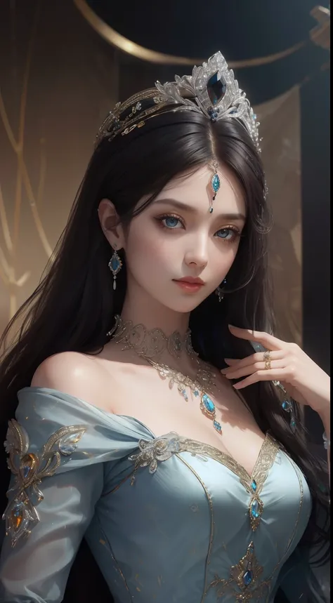 tmasterpiece，highest image quality，beautiful bust of a royal lady，delicate black hairstyle，amber eyes are clear，embellished with...