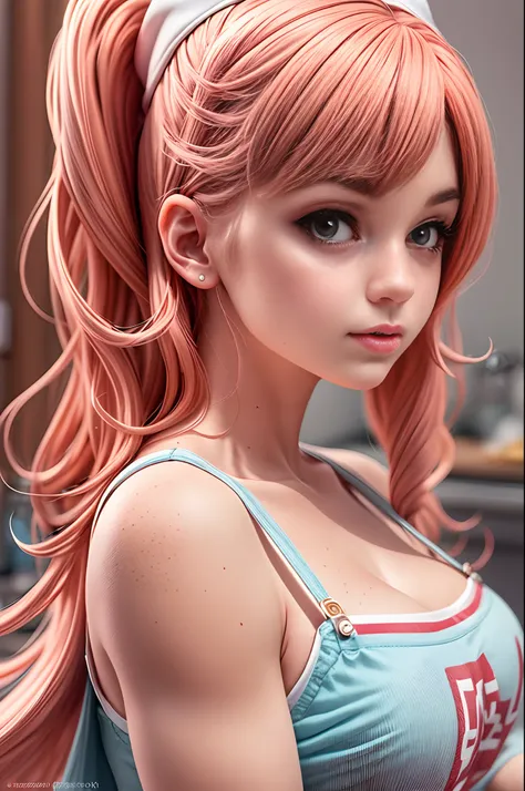 a closeup portrait of a 4girls playful nurses, undercut hair, apron, amazing body, strong feminine features, busty, kitchen, [ashy blonde | ginger | pink hair], freckles, flirting with the camera