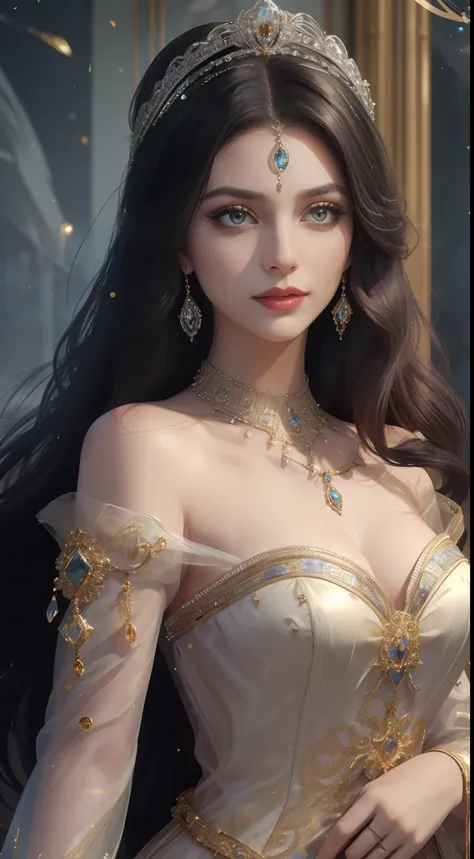 tmasterpiece，highest image quality，beautiful bust of a royal lady，delicate black hairstyle，amber eyes are clear，embellished with...