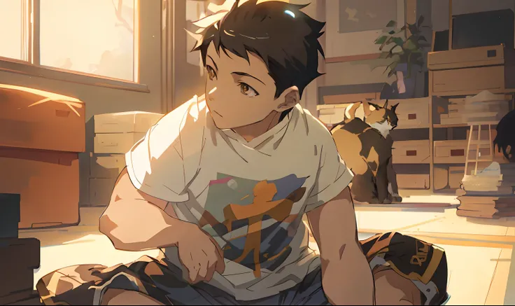 Anime boy sitting on the floor，A cat in his hand, Guviz-style artwork, Guviz, Ross Tran style, Makoto shinkai style, Ross Tran e Makoto Shinkai, makoto shinkai art style, Kawasi, Guweiz e Makoto Shinkai, greg rutkowski makoto shinkai