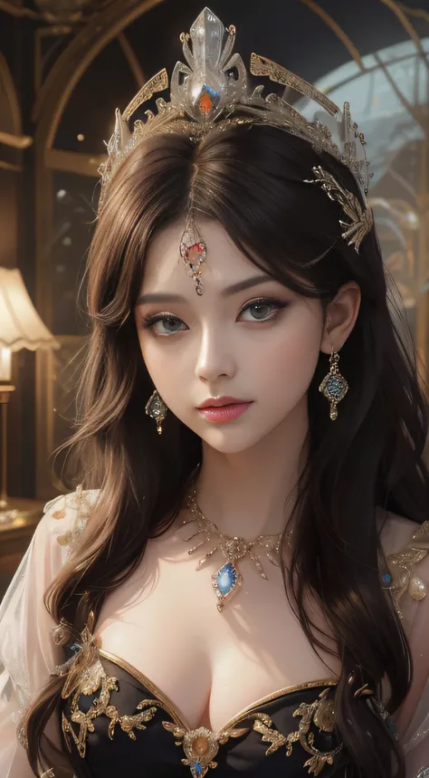 tmasterpiece，Highest image quality，Beautiful bust of a royal lady，Delicate black hairstyle，Amber eyes are clear，Embellished with a dazzling array of intricate jewelry，super detailing，upscaled。