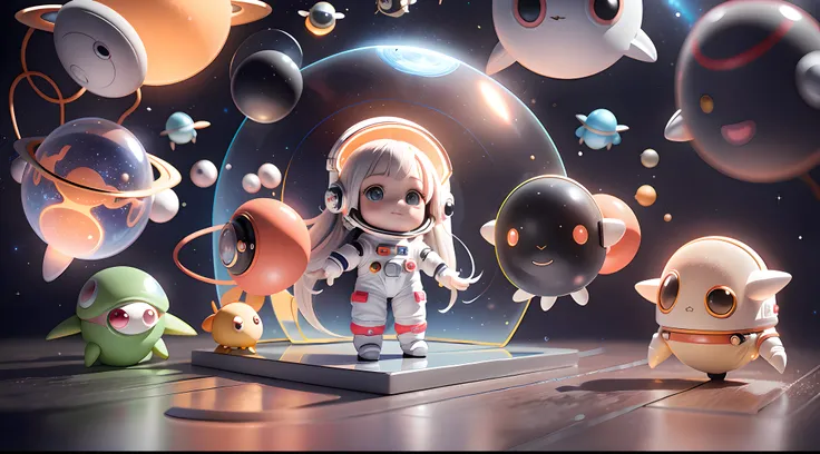 Super cute girl full body 3D picture, 1pc, good looking eyes, big eyes, cute, happy, c4d, pop matt blind box, white long hair, glowing bubbles, toys, solid color background, chibi, fluorescent translucency, luminous body, kawaii, doll, (((astronaut, spaces...