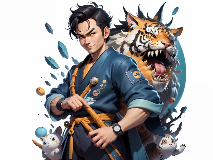 (Masterpiece), (Excellent), (Super Meticulous), (Full Body: 1.2), Super Young Man, Oriental Face, Japanese Kimono, Japanese Wind Thunder God, Dragon, Tiger, TV Anchor, Bust Portrait Illustration, Alone, Black Suit, Blue Tie, Slightly Chubby Face, Very Clea...