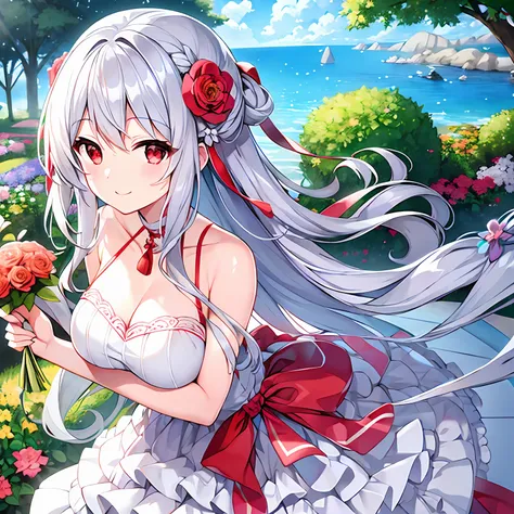 Wavy silver hair、red eyes、Beautiful girl alone、独奏、animesque、Have a bouquet、doress、flower  field、A smile