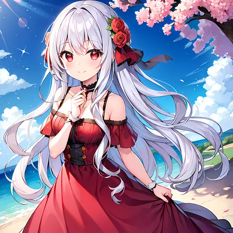 Wavy silver hair、red eyes、Beautiful girl alone、独奏、animesque、Have a bouquet、doress、flower  field、A smile