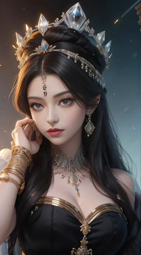 tmasterpiece，Highest image quality，Beautiful large bust of a royal lady，Delicate black hairstyle，Amber eyes are clear，Embellished with a dazzling array of intricate jewelry，super detailing，upscaled。