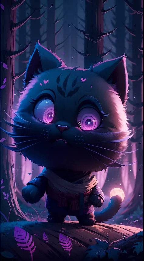 Create a vibrant dark fantasy cute ninja cat in a clean-lined minimalistic cartoon style, in the background a beautiful forest and a bright purple moon, octane render, 8k