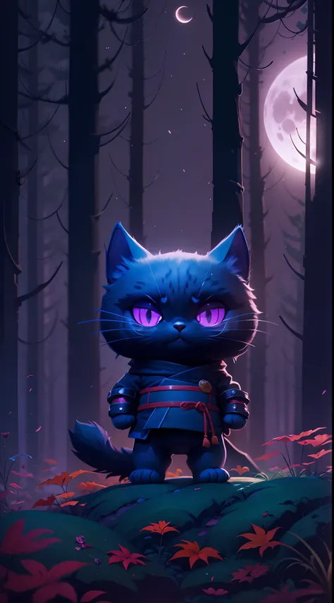 Create a vibrant dark fantasy cute ninja cat in a clean-lined minimalistic cartoon style, in the background a beautiful forest and a bright purple moon, octane render, 8k