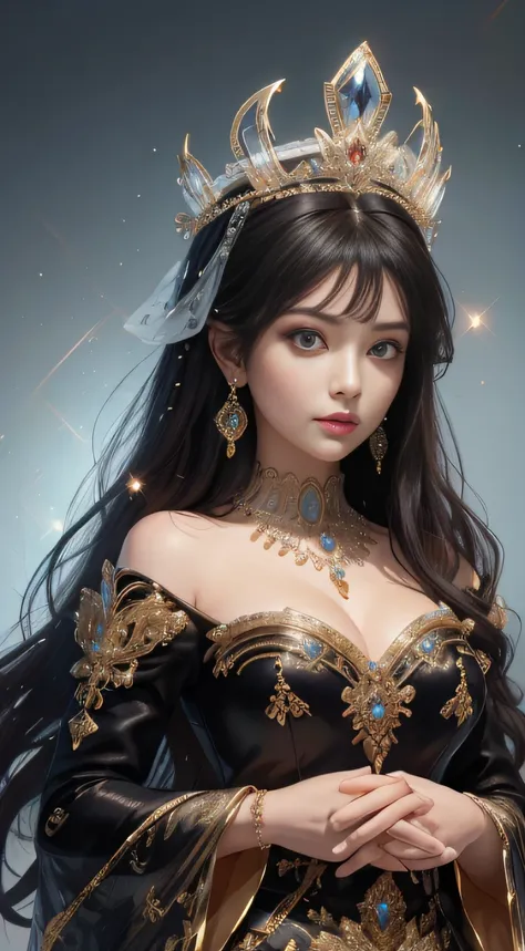 tmasterpiece，Highest image quality，Beautiful large bust of a royal lady，Delicate black hairstyle，Amber eyes are clear，Embellished with a dazzling array of intricate jewelry，super detailing，upscaled。