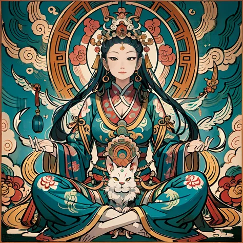 an ancient Chinese goddess, guanyin of the southern seas, Guanyin, Inspired by India, Avalokiteshvara Bodhisattva Phoenix，,Serene expression,shui mo hua,Buddha,Buddhist,Lotus,Chinese painting style,Thangka style