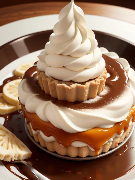 Na imagem, you can visualize a generous slice of Banoffee Pie, uma sobremesa que se destaca pela sua atitude tentadora. The slice is positioned on a white plate, slightly tilted so you can see all your flavor entrees. The base of the pie is a golden brown,...