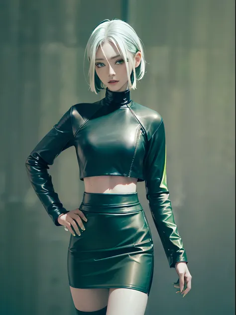 (((((Black leather))))), ((crop top, long sleeves, pencil skirt, goth)), white thigh socks, Slightly happy, Short hair, (((white hair))), ((white hair with ((blue tips)))), blue dye, ((((((green eyes)))))), ((small breasts)), best quality, high-res, master...