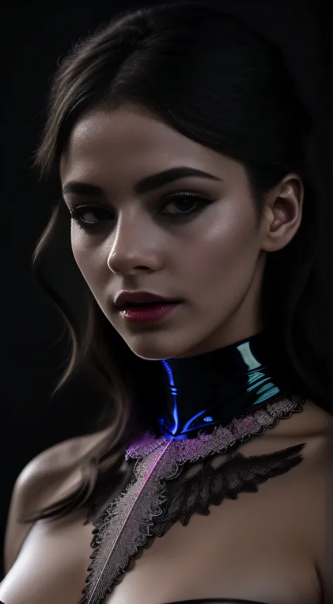 Photorealistic RAW piture, young sexy erotic woman, pink black feathered wings, long wavy hair, full  dark lips, Smoky eyes, pretty, impassioned, Gentle. In a dark room with black color, Broken glass, reflecting crystals, Neon,  polychromatic geometric pat...