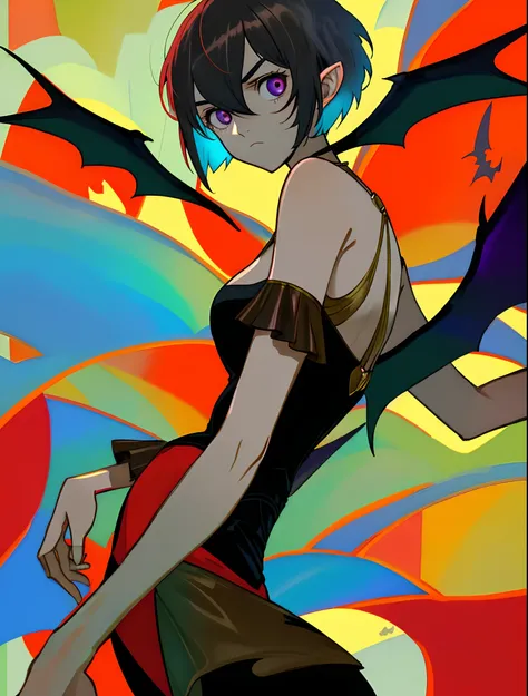 Masterpiece, High quality,1girll,Solo,revealing breasts , Short hair, (hair between eye),(00BFFE Pixie cut), Bat wings, Disappointed face to clothes