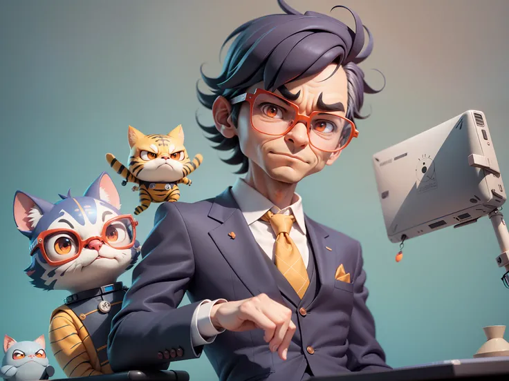 A young man in a suit, Short hair and glasses sat at his desk，holding laptop，digitial painting，tigre，3D character design by Mark Clairen and Pixar and Hayao Miyazaki and Akira Toriyama，4K HD illustration，Very detailed facial features and cartoon-style visu...