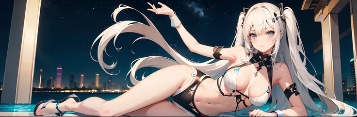 ((Best Quality)), (Ultra-detailed), ((Extremely detailed)), (Beautiful), ((Kawaii Girl)),(two side up hair).,Platinum Blonde Hair,Long hair, hair between eye, Wavy Hair, Long sideburns,Jade-colored eyes, White skin,Normal Chest,Slender body,Cross Halter Bi...