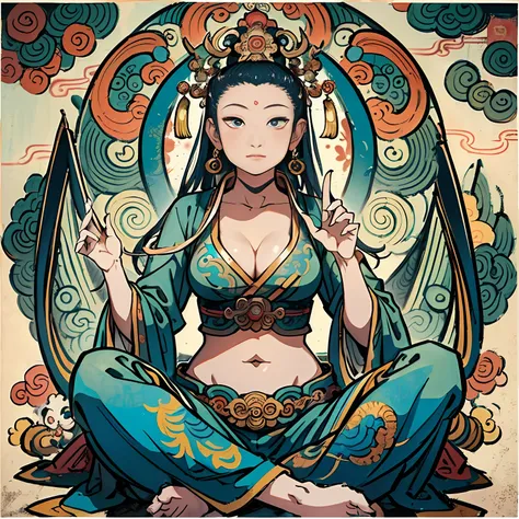 an ancient Chinese goddess, guanyin of the southern seas, Guanyin, Inspired by India, Avalokiteshvara Bodhisattva Dragon，,Serene expression,shui mo hua,Buddha,Buddhist,Lotus,Chinese painting style,Thangka style