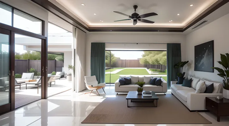 showcasing a modern white interior seamlessly blending with a serene backyard view. Capture the harmonious transition between indoor and outdoor spaces, emphasizing the clean lines and tranquility of the setting.