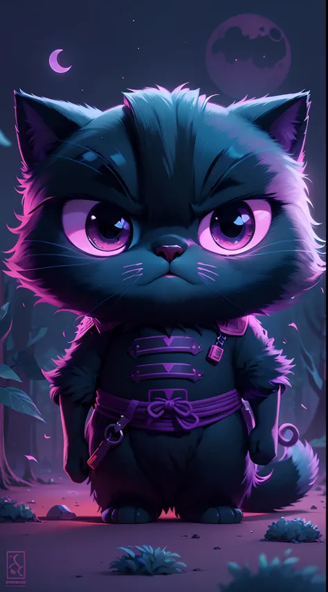 Create a vibrant dark fantasy cute ninja cat in a clean-lined minimalistic cartoon style, in the background a beautiful forest and a bright purple moon, octane render, 8k