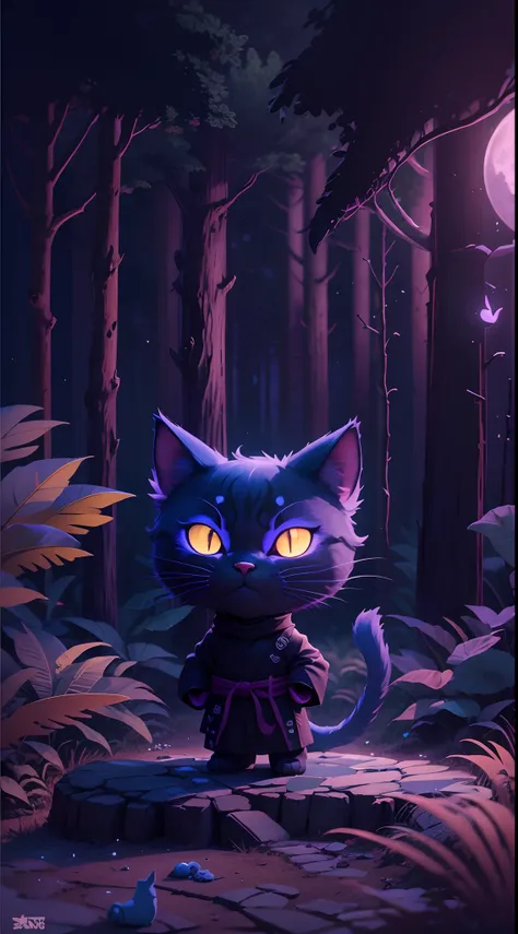 Create a vibrant dark fantasy cute ninja cat in a clean-lined minimalistic cartoon style, in the background a beautiful forest and a bright purple moon, octane render, 8k