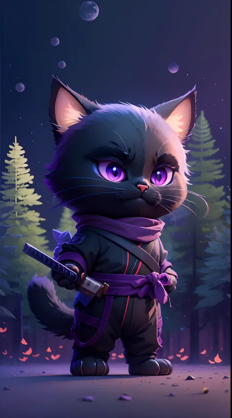 Create a vibrant dark fantasy cute ninja cat in a clean-lined minimalistic cartoon style, in the background a beautiful forest and a bright purple moon, octane render, 8k