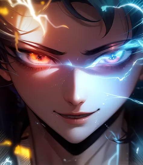 anime character with lightning coming out of his eyes, cara bonito na arte demon slayer, cara de anime alto com olhos azuis, an epic anime of a energy man, lightning eyes, Principais visuais de anime, arte chave do anime, Anime lighting, jovem homem de ani...