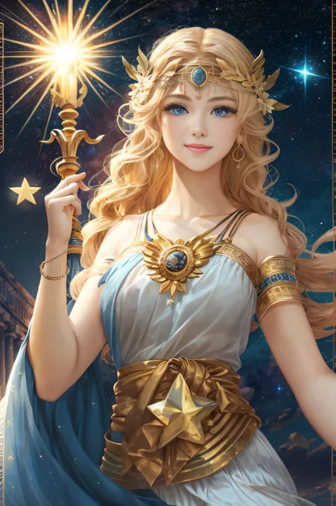 Greek star goddess with blond hair and blue eyes、light skinned, Bright and playful、She was smiling happily.、{(long to:1.3)、loose、(A black:1.3)、greek toga}Wear、Golden Circlet、Shining starry sky、Breathtaking southern European night sky、Mediterranean Antiquit...