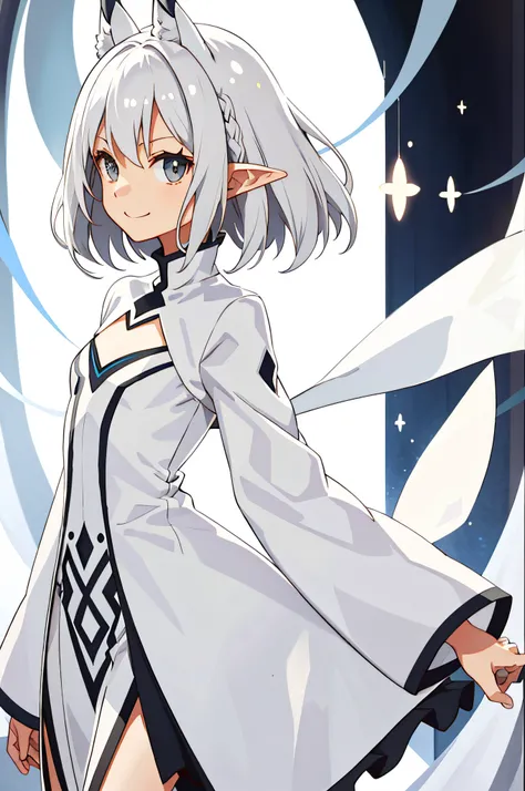 flatchestedwoman，full bodyesbian，gray-white hair，ssmile，Long pointed ears，short detailed hair，anime，wears a white dress，Best picture quality