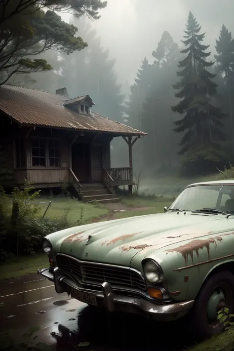 classic car abandoned in a deep forest old buildings in the distance raining