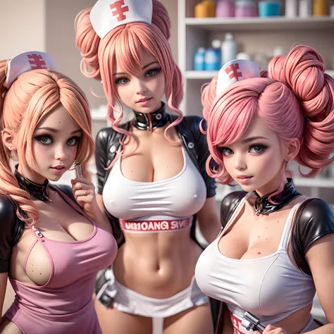 a closeup portrait of a 4girls playful nurses, undercut afro hair, sexy apron, amazing body, strong feminine features, busty, ward laboratory, [rainbow blonde | ebony | pink hair], freckles, flirting with the camera, giant injection syringe, rubber glooves...