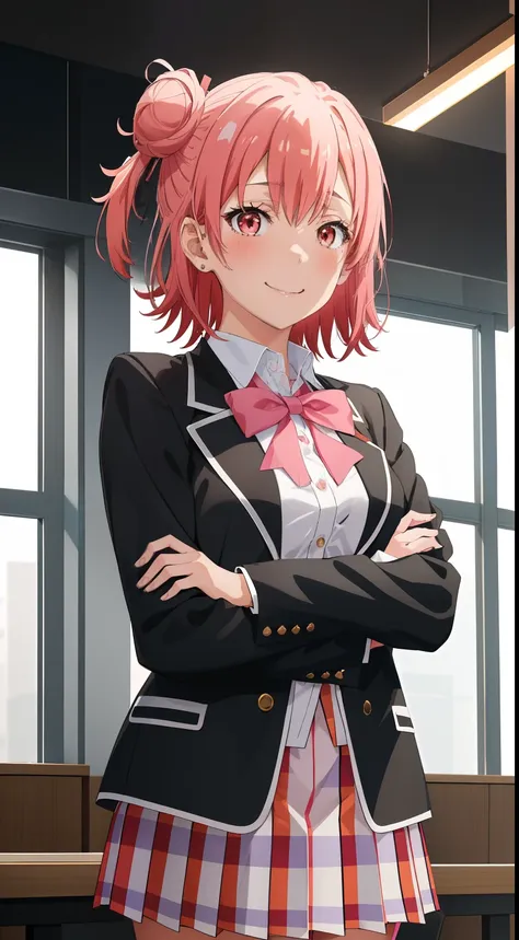 masutepiece, High quality, Best Quality, High resolution, 4K, High Definition, Beautiful lighting,1girl in, Short hair, Pink hair, Pink eyes, Yui, Hair bun,sobu highschool uniform, Black Blazer, White shirt, red ribbon plaid skirt, A smile、look at viewr、ja...