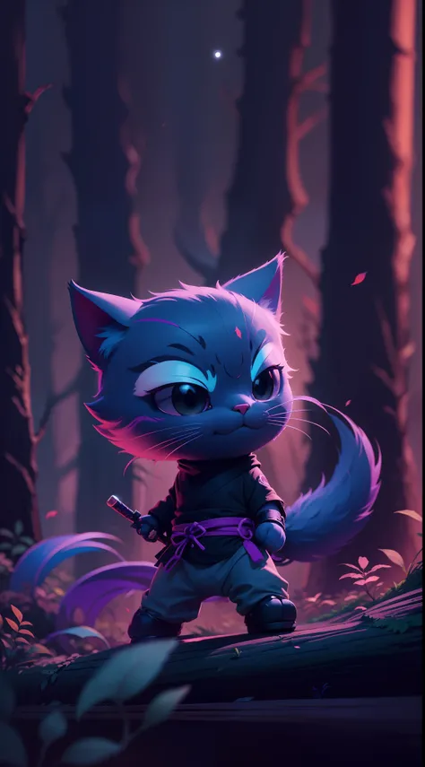 Create a vibrant dark fantasy cute ninja cat in a clean-lined minimalistic cartoon style, in the background a beautiful forest and a bright purple moon, octane render, 8k