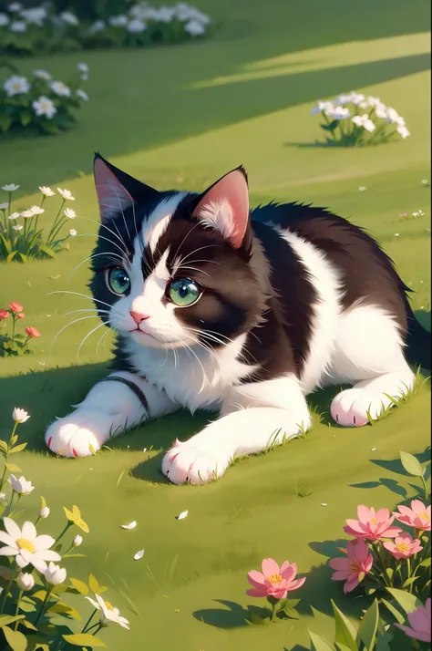 Cute little flower cat on the grass