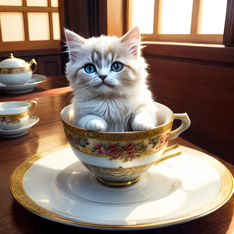 Cat, (Himalayan), (Small)))), in a teacup, Face, Front paws out, 8K, Professional photo, Delicate, Clear, On the table, Inside the house, Sunshine, Light Leak, Masterpiece, ((Pretty))), Fashionable Teacup, (Reality), Plush Toy, Round Pupils --auto