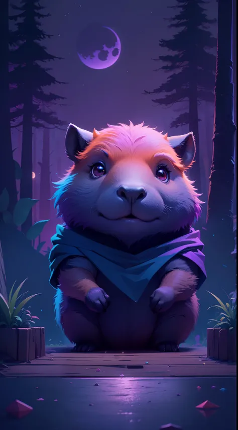 Create a vibrant dark fantasy cute ninja capybara in a clean-lined minimalistic cartoon style, in the background a beautiful forest and a bright purple moon, octane render, 8k