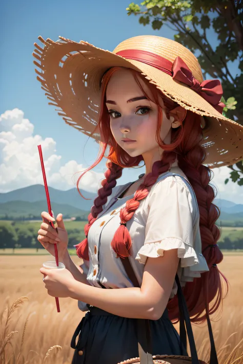 Girl with long braids, red hair, carrying a cake, wearing a straw hat, field two-dimensional