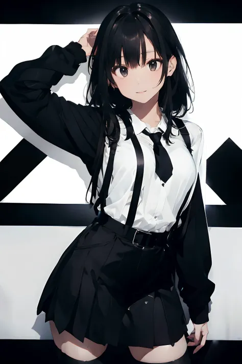 a black skirt, neck tie, white  shirt　suspenders, Long Black Hair, Gray eyes, holster, Garter belt on the legs, Moderately breasts, hands above your head, Moderate, Pichi Pichi clothes, both sides