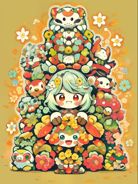 Lots of pictures of cute little animals, Tower of Flowers, 🍁 Cute, by Kubisi art, Stacked around, Many flowers, cute artwork, Cute Cyber God々, Cute art style, Some red and yellow, Lots of mecha flowers, nintendo game art, cute detailed artwork, cute detail...