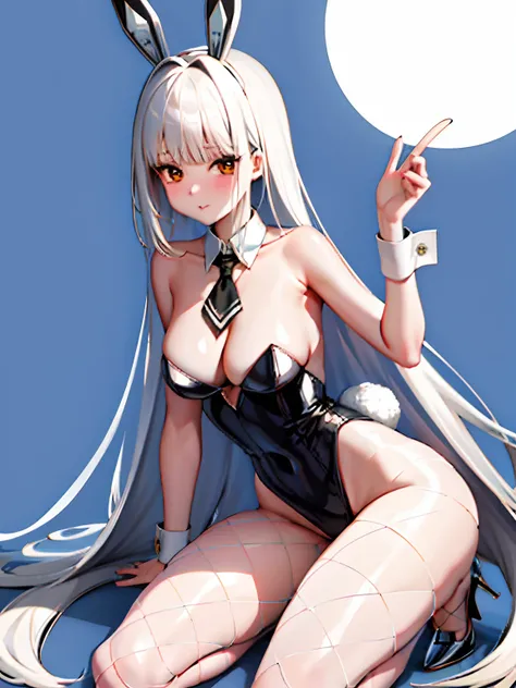 1girll， a playboy bunny， 独奏， Animal ear， Rabbit ears， high-heels， long whitr hair， lacepantyhose， coda， Very long hair， Wrist cuffs， Rabbit tail， tightsuit，nedium breasts，Thighs forked， tiese， fishing nets， fakeanimalears， blue backdrop， Separate collars， ...