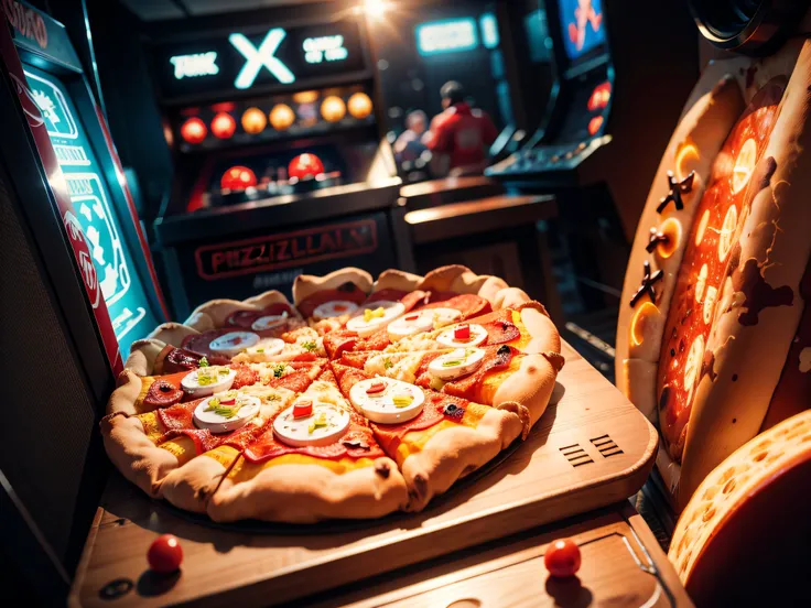 A COMPOSITION MIXING PIZZA AND ARCADE VINTAGE GAMES ON A SPACE INVADERS GAME BACKGROUND