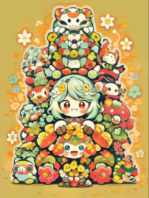 Lots of pictures of cute little animals, Tower of Flowers, 🍁 Cute, by Kubisi art, Stacked around, Many flowers, cute artwork, Cute Cyber God々, Cute art style, Some red and yellow, Lots of mecha flowers, nintendo game art, cute detailed artwork, cute detail...