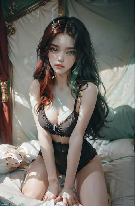 character, female, ((17 year old)),realistic (reality))), ((((1girl)))),  (hair_red) long thick red hair put up in high twin tail, wearing big loose black shirt  ((black shirt has with cute red heart pattern))lingerie bikini, (( in bed.)) black silk sheets...