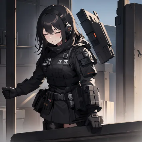 1girl, tactical black helmet, tactical black railed headset, black long messy hair, black camo uniform, black shoulder pads, black tactical vest, black armor pads, black handgun holster, black tactical socks, tactical skirt, smiling, confident, closed eyes